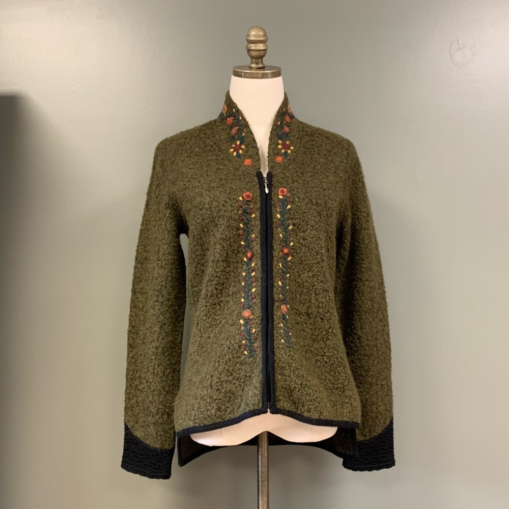 Simply Natural Peruvian Alpaca Alina Hunter Green Embroidered Cardigan SM
